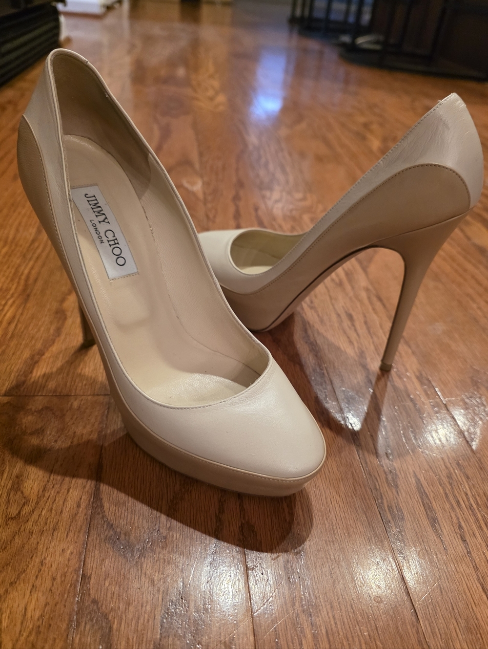 Jimmy Choo Cream Leather High Heel Pumps Sepia Two Toned Color Block